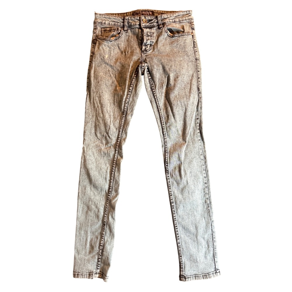 Social Collision Rude Slim Jeans Mens 30x32 Blue Acid Wash Raw Edge Button Fly
